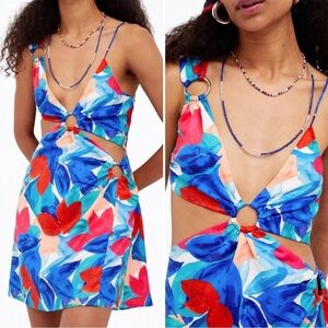 For Love & Lemons Lorenza Cutout Mini Dress Sz XS Floral Satin Asymmetrical